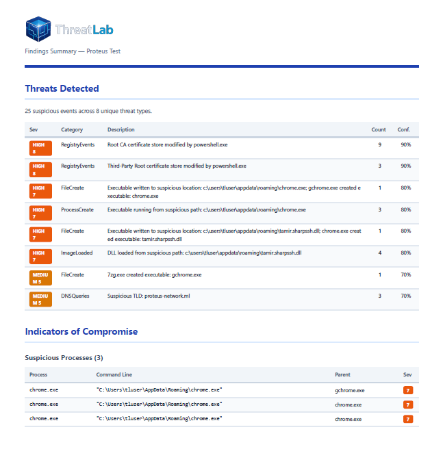 PDF report page showing threats detected and IoC summary
