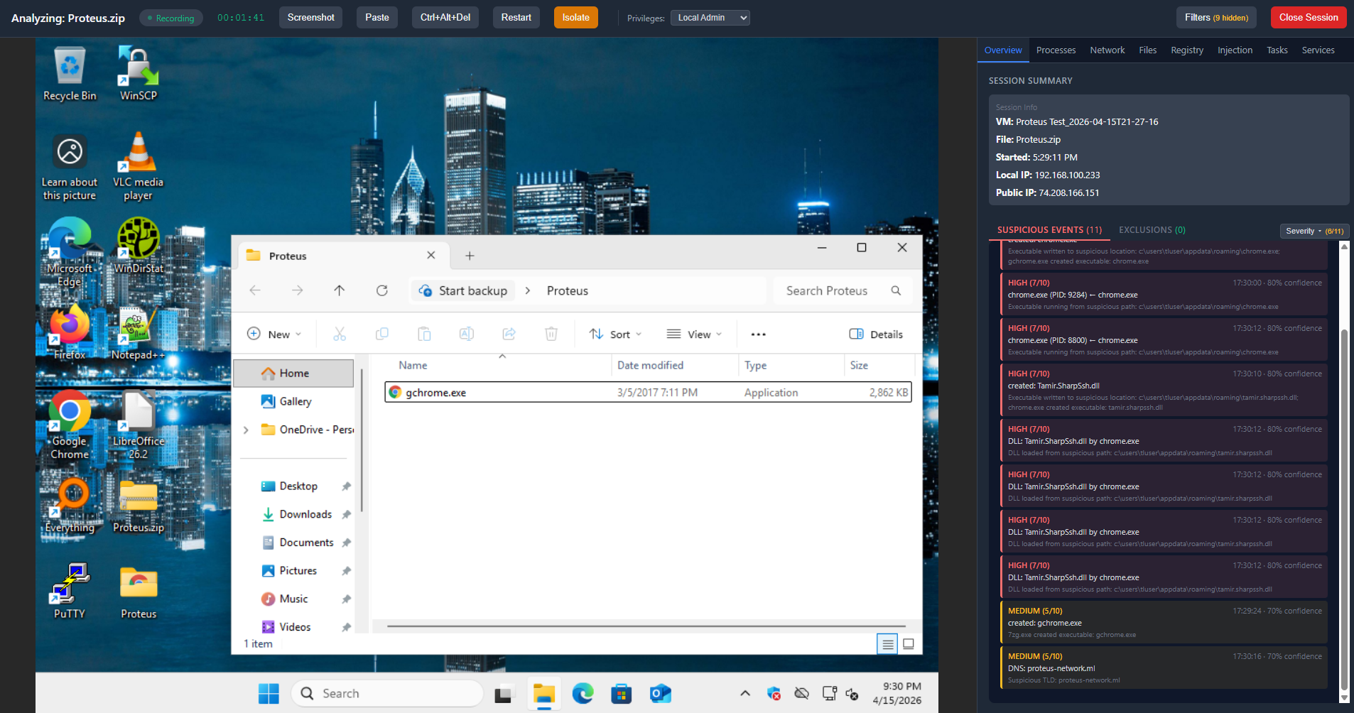 ThreatLab session window showing live malware analysis with VNC viewer and monitoring dashboard